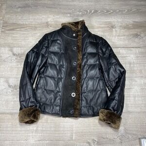 Eddie Bauer Jacket Womens Large Black Leather Goose Down Fur Lined Quilted Coat